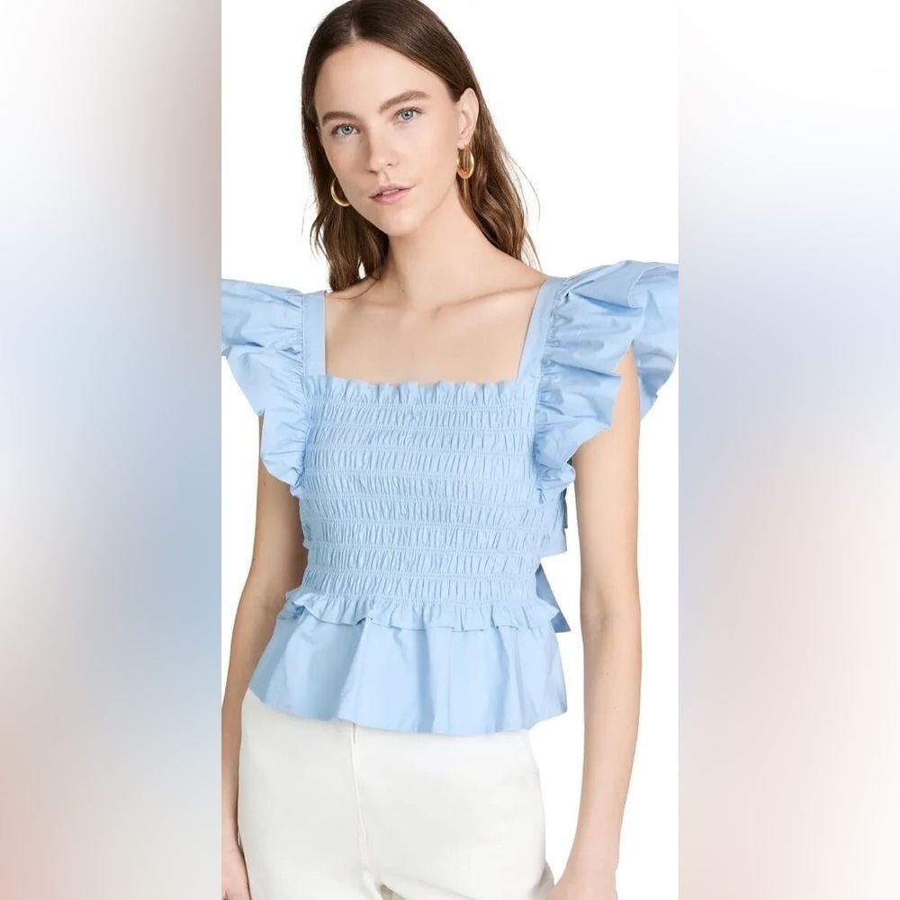Sea New York Top Womenโs Large Smocked Blouse Open Back Light Blue Ruffled Bow